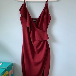 Keep on Flourishing Burgundy Ruffled Asymmetrical Bodycon Dress